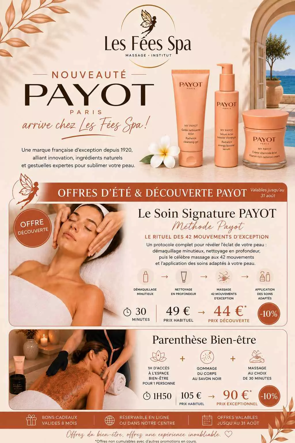 Affiche promotionnelle Les Fées Spa présentant l'arrivée de la marque Payot Paris et les offres découvertes de l'été jusqu'au 31 août.